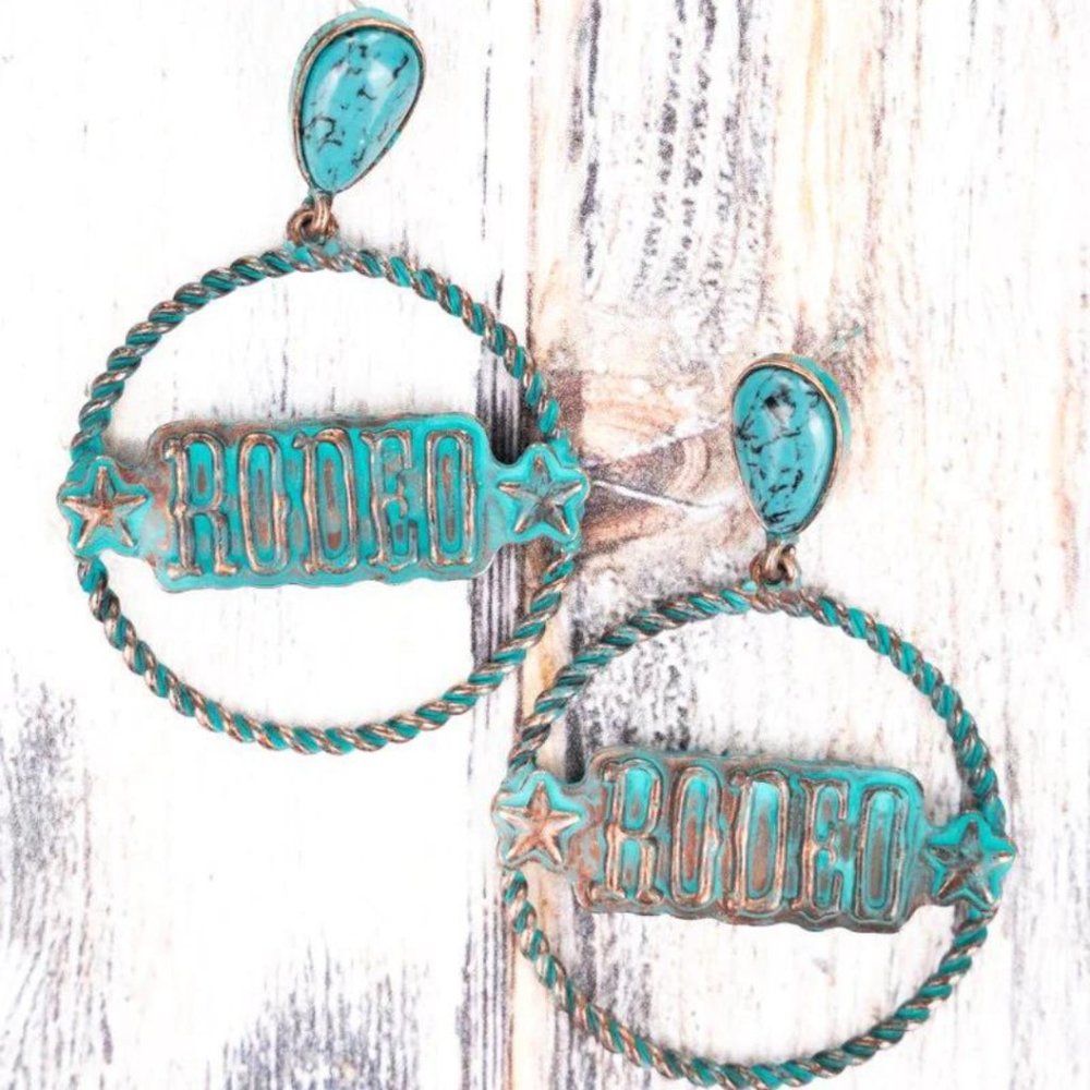 Turquoise Patina Rodeo Cowgirl Hoop‎ Earrings NWT